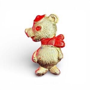 Vintage Hong Kong Teddy Bear Brooch Red Bow Gold Tone Pin
